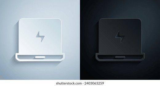 Paper cut Laptop icon isolated on grey and black background. Computer notebook with empty screen sign. Paper art style. Vector