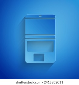 Paper cut Laptop icon isolated on blue background. Computer notebook with empty screen sign. Paper art style. Vector Illustration