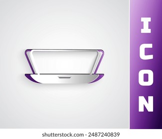 Paper cut Laptop icon isolated on grey background. Computer notebook with empty screen sign. Paper art style. Vector