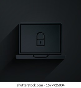 Paper cut Laptop and lock icon isolated on black background. Computer and padlock. Security, safety, protection concept. Safe internetwork. Paper art style. Vector Illustration