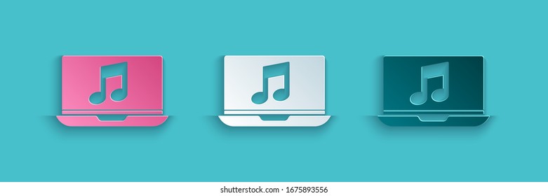 Paper cut Laptop with music note symbol on screen icon isolated on blue background. Paper art style. Vector Illustration