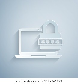 Paper cut Laptop with password notification and lock icon isolated on grey background. Security, personal access, user authorization, login form. Paper art style. Vector Illustration