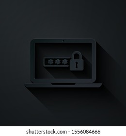 Paper cut Laptop with password notification and lock icon isolated on black background. Security, personal access, user authorization, login form. Paper art style. Vector Illustration