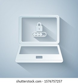 Paper cut Laptop with password notification and lock icon isolated on grey background. Concept of security, personal access, user authorization, login form. Paper art style. Vector Illustration