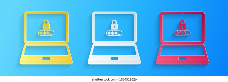 Paper cut Laptop with password notification and lock icon isolated on blue background. Concept of security, personal access, user authorization, login form. Paper art style. Vector.