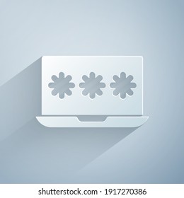 Paper cut Laptop with password notification icon isolated on grey background. Security, personal access, user authorization, login form. Paper art style. Vector