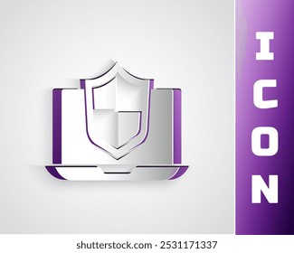 Paper cut Laptop protected with shield icon isolated on grey background. PC security, firewall technology, privacy safety. Paper art style. Vector