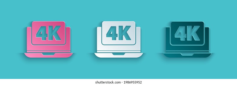 Paper cut Laptop screen with 4k video technology icon isolated on blue background. Paper art style. Vector Illustration