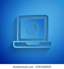 Paper cut Laptop time icon isolated on blue background. Computer notebook with empty screen sign. Paper art style. Vector