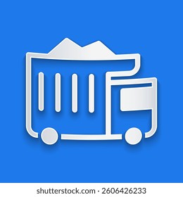 Paper cut Large industrial mining dump truck icon isolated on blue background. Big car. Paper art style. Vector