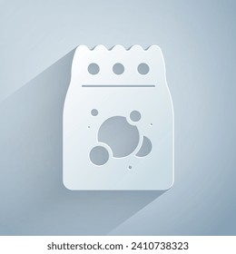 Papierschnitt Waschmittel für automatische Waschmaschine Symbol einzeln auf grauem Hintergrund. Kunststil aus Papier. Vektorgrafik
