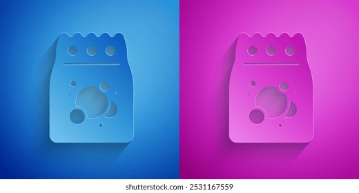 Paper cut Laundry detergent for automatic wash machine icon isolated on blue and purple background. Paper art style. Vector