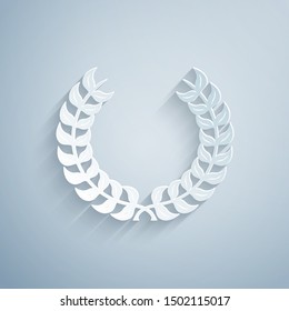 Paper cut Laurel wreath icon isolated on grey background. Triumph symbol. Paper art style. Vector Illustration