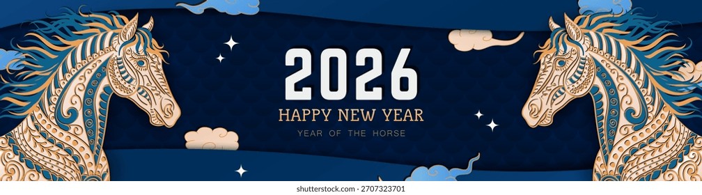 Cabecera en capas cortada en papel, cartelera con un caballo adornado dibujado a mano (equino) y texto sobre fondo azul con nubes y estrellas orientales. Anuncio panorámico en estilo asiático para el Nuevo Año Lunar 2026 del Caballo