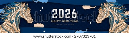 Paper cut layered header, billboard with hand drawn ornate Horse (equine) and text on blue background with oriental clouds and stars. Panoramic banner in asian style for 2026 Lunar New Year of Horse