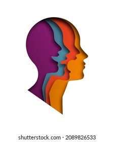 Paper Cut Layered Human Head With Different Emotions Inside. Colorful Papercut Man Silhouette Laughing, Angry And Sad On Isolated Background For Mood Swing Or Feeling Expression Concept. 