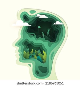 Paper cut layered human head with men golf player hitting the ball, business or mind psychology concept