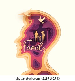 Paper cut layered human head with happy family parents and children, Business or mind psychology concept