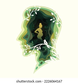 Paper cut layered human head with happy pregnant woman holds her belly, business or mind psychology concept