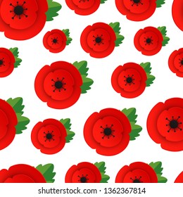 Paper cut Layered Poppy flowers Seamless pattern. Red poppies isolated on a white background. Bright floral backdrop for Remembrace Day, Anzac Day events, Memorial parade. Vector illustration