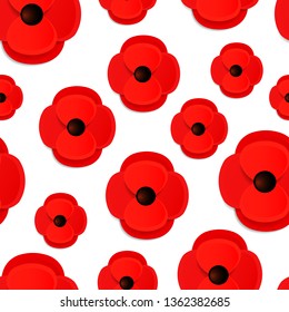 Paper cut Layered Poppy flowers Seamless pattern. Red poppies isolated on a white background. Bright floral backdrop for Remembrace Day, Anzac Day events, Memorial parade. Vector illustration