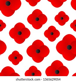 Paper cut Layered Poppy flowers Seamless pattern. Red poppies isolated on a white background. Bright floral backdrop for Remembrace Day, Anzac Day events, Memorial parade. Vector illustration