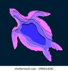 Paper cut layered turtle neon illustration. Ocean dwellers. Silhouette of a marine reptile. Vector violet drawing of origami aquatic animal on dark blue background.
