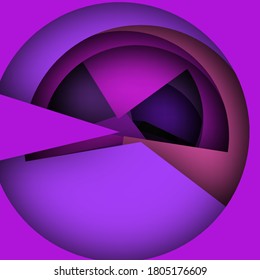 Diseño de corte de papel. Resumen de la composición 3d. Formas triangulares y de círculo en colores rosa y violeta. Diseño gráfico moderno para carteles, folletos, volantes y tarjetas. EPS 10.