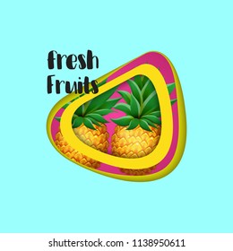Paper cut layout FRESH FRUITS concept design with realistic PINEAPPLE fruit. Modern Abstract banner for web, shop advertising, seasonal offer, sale. Vector illustration EPS 10 file.