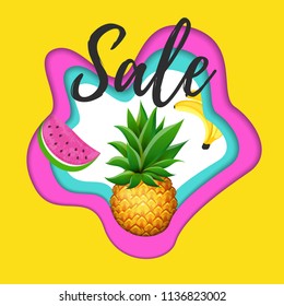 Paper cut layout SALE banner with realistic Pineapple, Watermelon and Banana fruit. Modern Abstract Sale banner for shop advertising, seasonal offer. Vector illustration EPS 10 file.