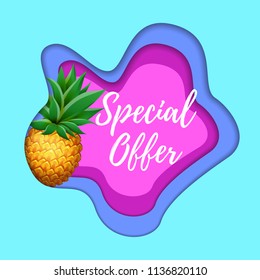 Paper cut layout SPECIAL OFFER Sale concept with realistic PINEAPPLE fruit. Modern Abstract Sale banner for shop advertising, seasonal offer. Vector illustration EPS 10 file.