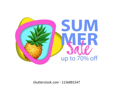 Paper cut layout SUMMER SALE UP TO 70% OFF banner with realistic Pineapple fruit. Modern Abstract Sale banner for shop advertising, seasonal offer. Vector illustration EPS 10 file.