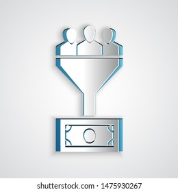 Paper cut Lead management icon isolated on grey background. Funnel with people, money. Target client business concept. Paper art style. Vector Illustration