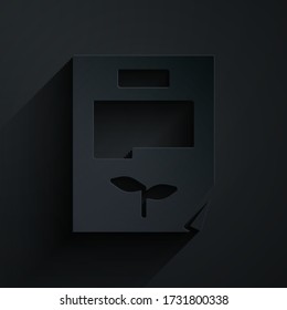 Paper cut Leaf document icon isolated on black background. Nature file icon. Paper art style. Vector Illustration