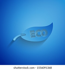 Paper cut Leaf Eco symbol icon isolated on blue background. Banner, label, tag, logo, sticker for eco green. Paper art style. Vector Illustration