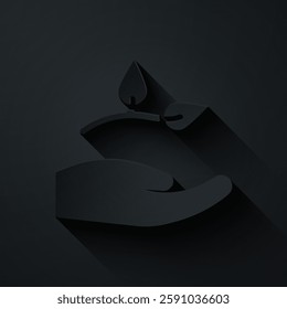Paper cut Leaf in hand of environmental protection icon isolated on black background. Seed and seedling. Planting sapling. Ecology concept. Paper art style. Vector