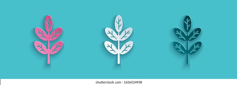 Icono de hoja cortada de papel aislado en fondo azul. Deja la señal. Símbolo de producto natural fresco. Estilo de arte de papel.  Ilustración vectorial