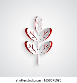 Paper cut Leaf icon isolated on grey background. Leaves sign. Fresh natural product symbol. Paper art style. Vector Illustration