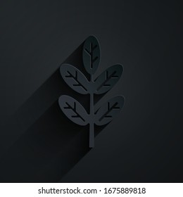 Icono de hoja cortada de papel aislado en fondo negro. Deja la señal. Símbolo de producto natural fresco. Estilo de arte de papel.  Ilustración vectorial