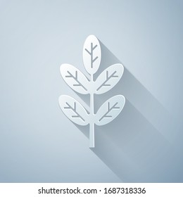 Paper cut Leaf icon isolated on grey background. Leaves sign. Fresh natural product symbol. Paper art style. Vector Illustration
