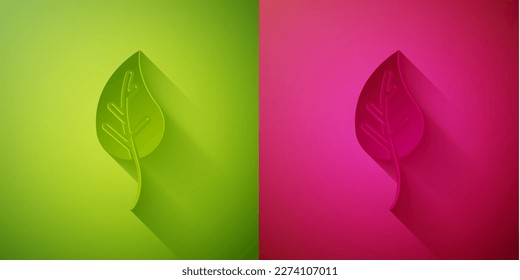 Paper cut Leaf icon isolated on green and pink background. Leaves sign. Fresh natural product symbol. Paper art style. Vector