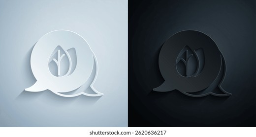 Paper cut Leaf icon isolated on grey and black background. Leaves sign. Fresh natural product symbol. Paper art style. Vector