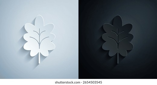 Paper cut Leaf icon isolated on grey and black background. Leaves sign. Fresh natural product symbol. Paper art style. Vector