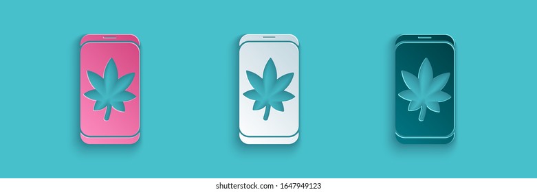 Paper cut Leaf on mobile phone screen icon isolated on blue background. Paper art style. Vector Illustration