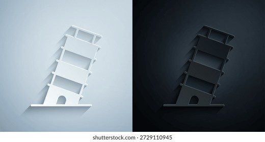 Papierschnitt Schiefer Turm in Pisa Symbol einzeln auf grauem und schwarzem Hintergrund. Italien-Symbol. Papierkunststil. Vektorgrafik