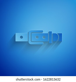 Paper cut Leather belt with buttoned steel buckle icon isolated on blue background. Paper art style. Vector Illustration