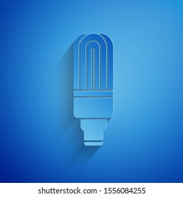 Paper cut LED light bulb icon isolated on blue background. Economical LED illuminated lightbulb. Save energy lamp. Paper art style. Vector Illustration