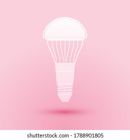 Paper cut LED light bulb icon isolated on pink background. Economical LED illuminated lightbulb. Save energy lamp. Paper art style. Vector.