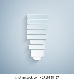 Paper cut LED light bulb icon isolated on grey background. Economical LED illuminated lightbulb. Save energy lamp. Paper art style. Vector.