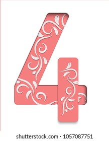 Paper cut letter 4. 3D multi layers paper cut style isolated on white background. Character of alphabet letter font.Decorate,origami,vector,illustration.